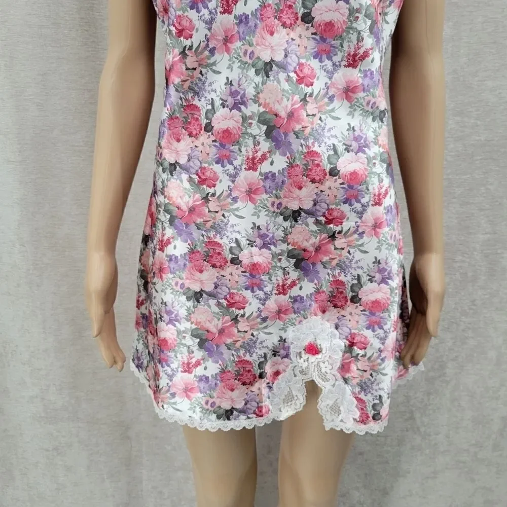 Floral Satin Lace Slip Dress Chemise Negligee and Matching Robe Set Pink